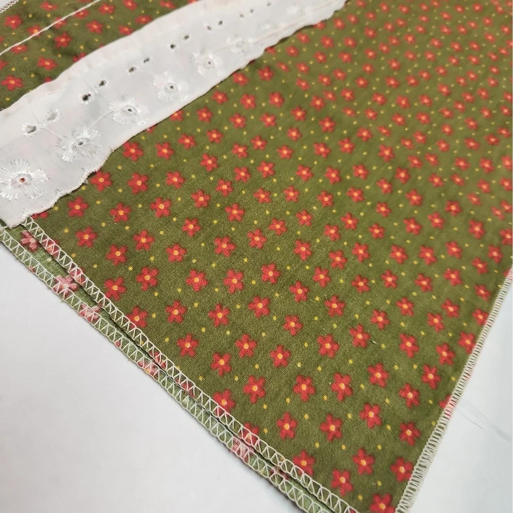Handmade 1970s Green Red Flower Kitchen Window Curtain Set Cottage Farmhouse VTG